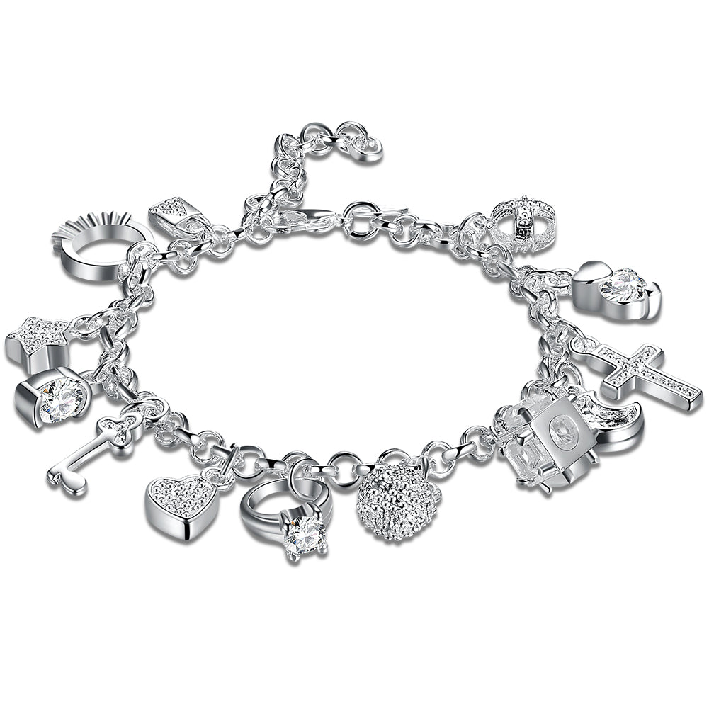 Silver Plating Multi-Charms Crystal Link Bracelet