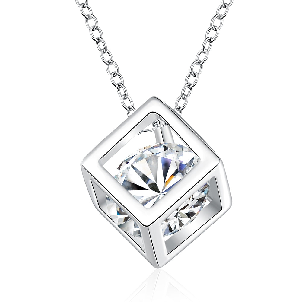 Silver Plating Crystal Cubed Pendant Necklace