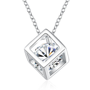 Silver Plating Crystal Cubed Pendant Necklace