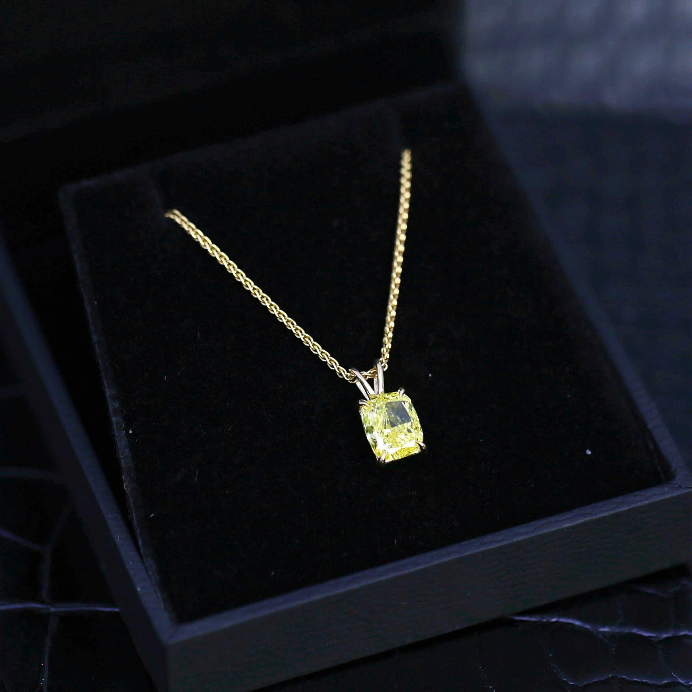 2.00ct. Fancy Yellow Vivid Modified Diamond Pendant Set In 14K Yellow Gold, Cushion Cut Lab Grown