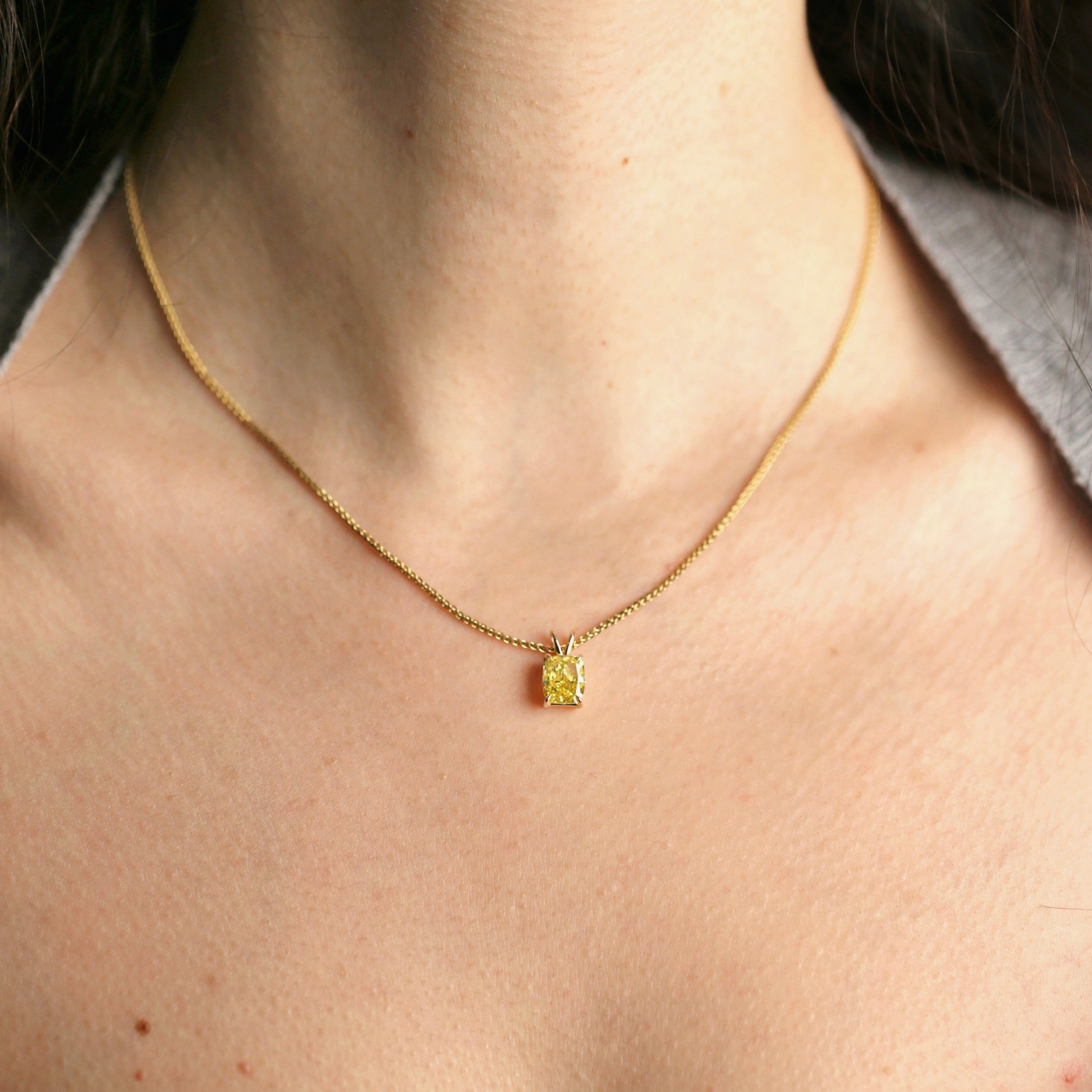 2.00ct. Fancy Yellow Vivid Modified Diamond Pendant Set In 14K Yellow Gold, Cushion Cut Lab Grown