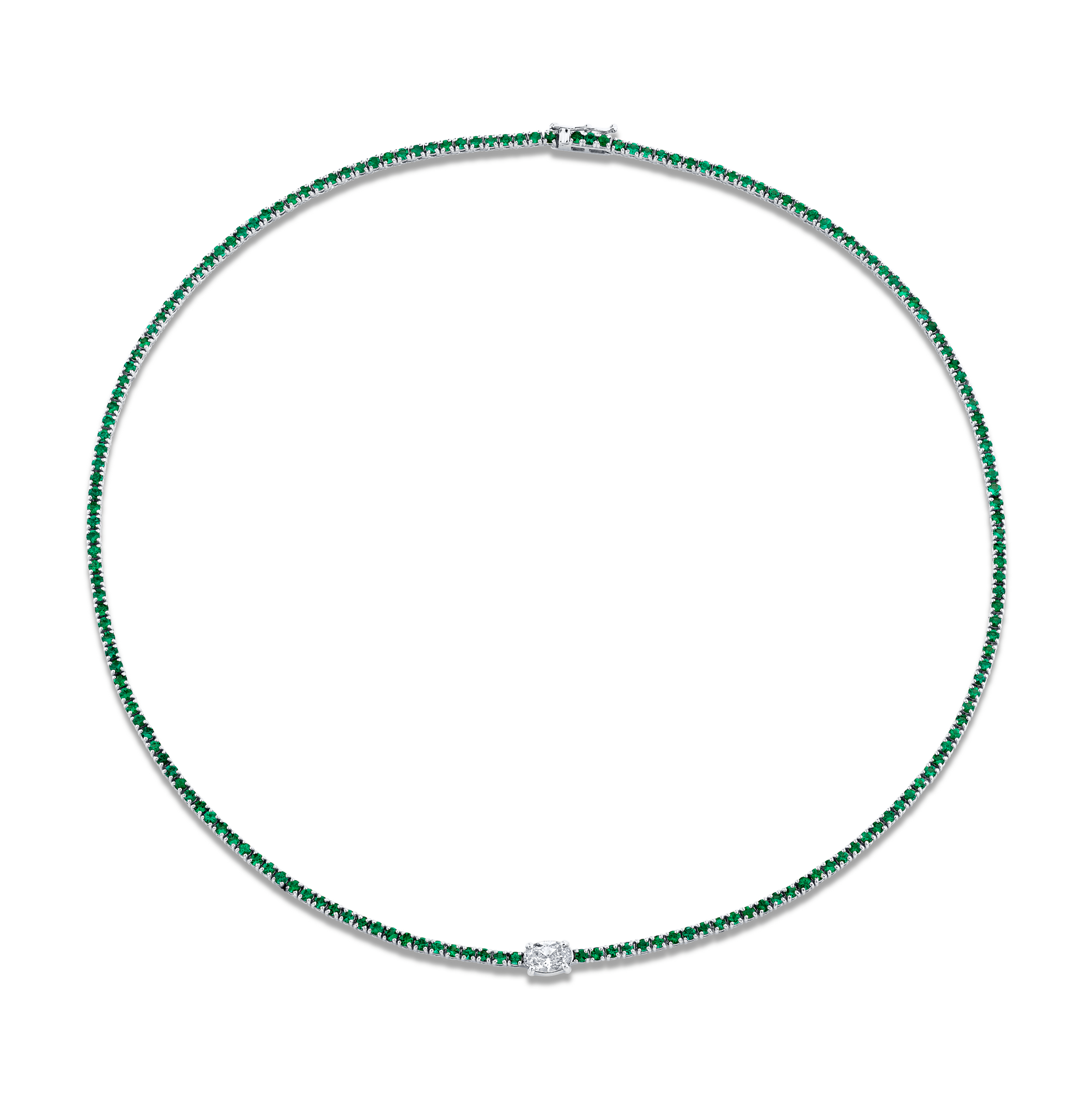 5.49 Carat 18k White Gold Green Emerald Oval Center Stone Necklace