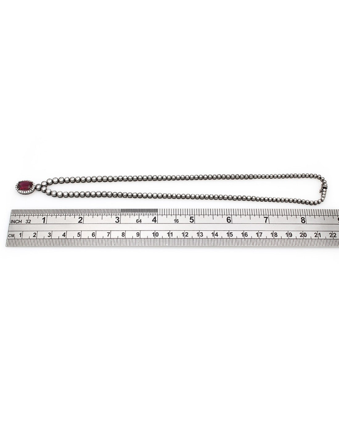 Diamond Inline Necklace with Diamond Halo and Rubellite Oval in 18k White Gold