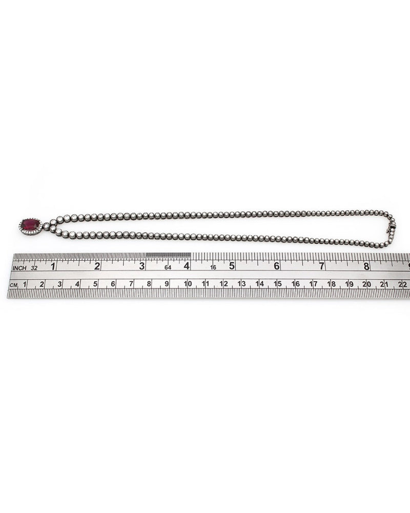 Diamond Inline Necklace with Diamond Halo and Rubellite Oval in 18k White Gold