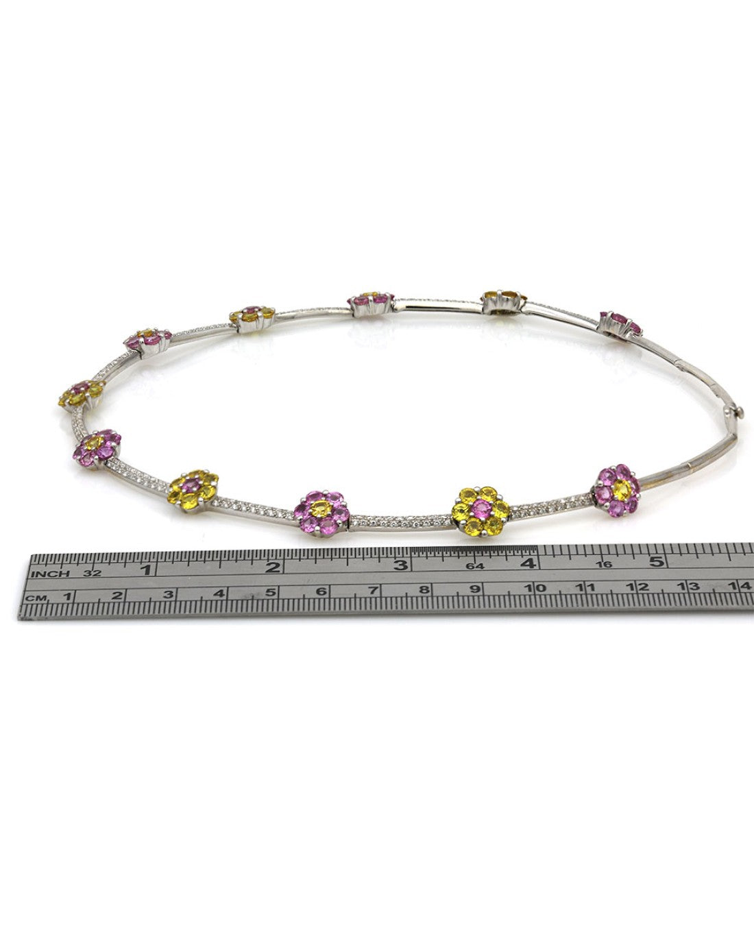 Pink and Yellow Sapphire Flower and Pave Diamond Flower Station Necklace