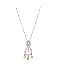 18KW Multi Color Sapphire Briolette and Diamond Drop Necklace