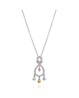18KW Multi Color Sapphire Briolette and Diamond Drop Necklace