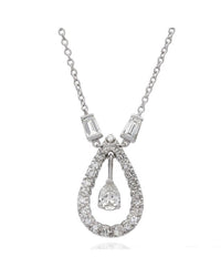 Pear Shape Diamond Halo Necklace with Single Cut & Baguette Accents in Platinum