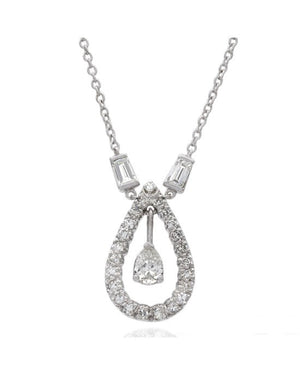 Pear Shape Diamond Halo Necklace with Single Cut & Baguette Accents in Platinum