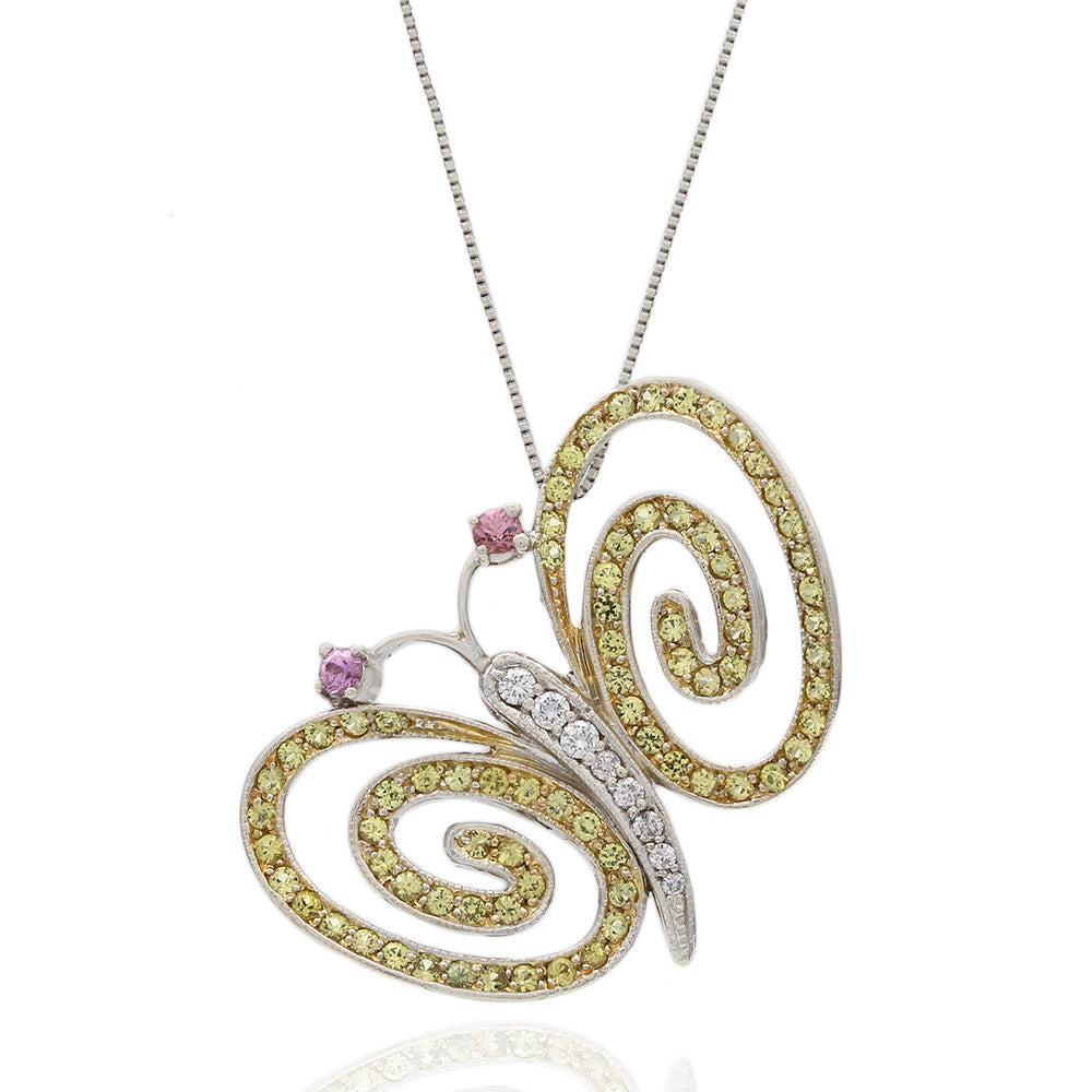 Yellow and Pink Sapphire, Diamond Butterfly Necklace