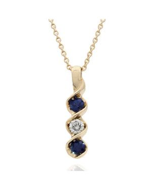 3 Stone Sapphire and Diamond Swirl Drop on Cable Chain Necklace