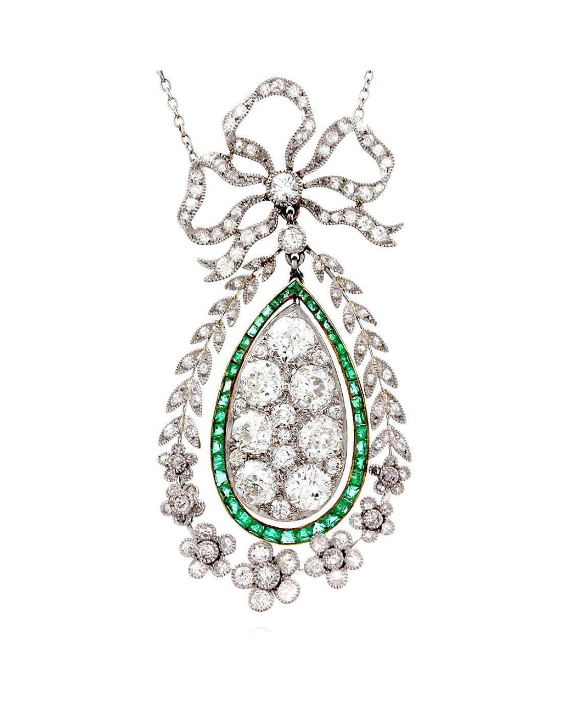 Vintage Diamond and Emerald Flower and Ribbon Drop Necklace