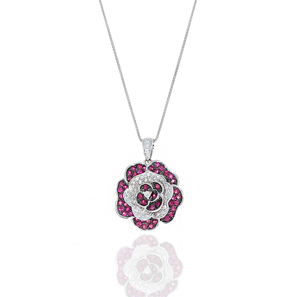 Ruby and Diamond Flower Drop Necklace