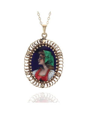 Enamel Painted Peasant Woman Pendant Necklace