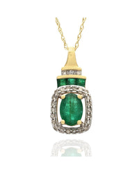 Oval Emerald & Diamond Square Halo Necklace in Yellow Gold