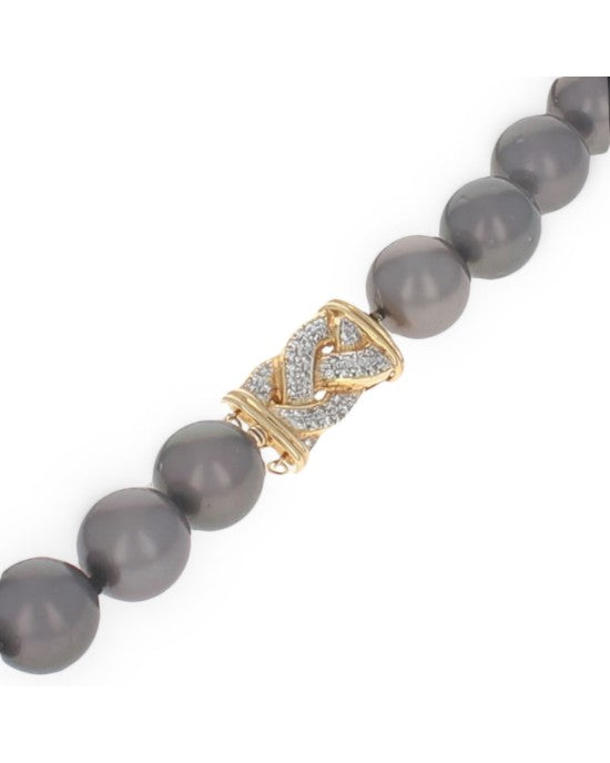 Black Tahitian Pearl Necklace with Pave Diamond Braided Clasp in Yellow Gold