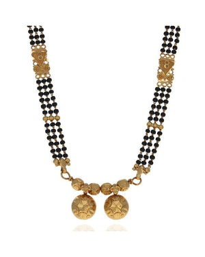 Black Onyx Bead and Gold Station 3 Strand Necklace in 22K Yellow Gold