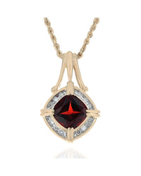 Pyrope Garnet and Diamond Square Halo Drop Necklace in Yellow Gold