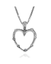 Diamond Open Cut Milgrain Heart Drop Necklace in White Gold