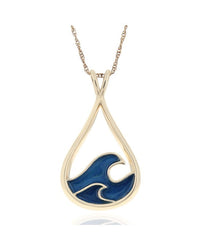 Blue Enamel Open Cut Wave Drop Necklace in Yellow Gold