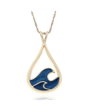 Blue Enamel Open Cut Wave Drop Necklace in Yellow Gold