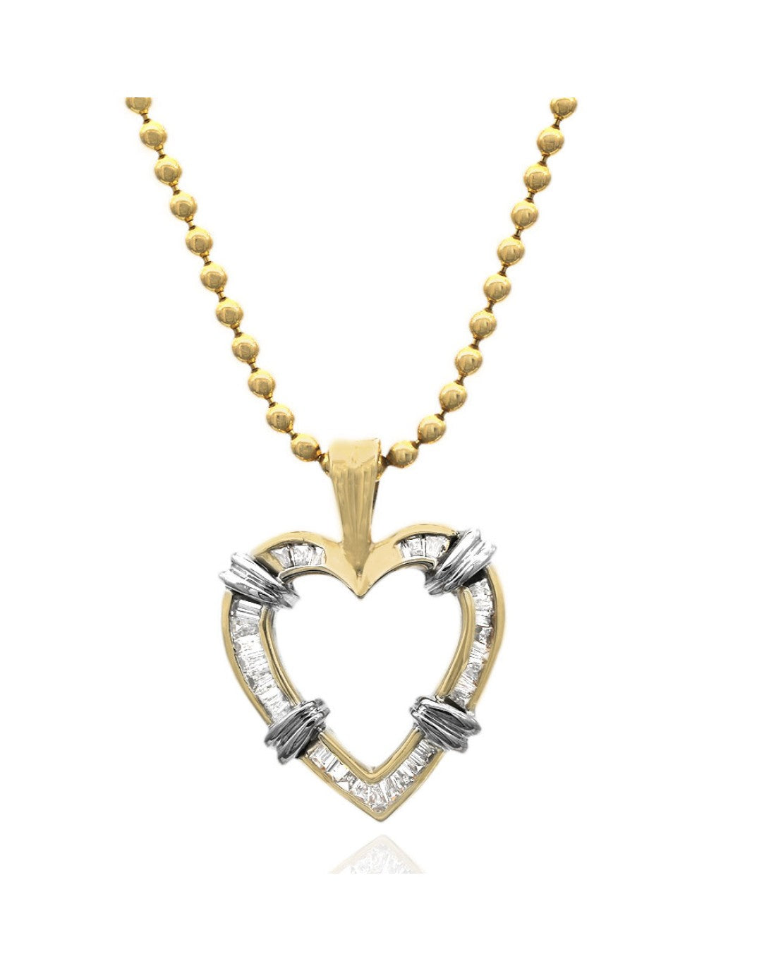 Diamond Fluted Open Heart Drop Necklace in White and Yellow Gold