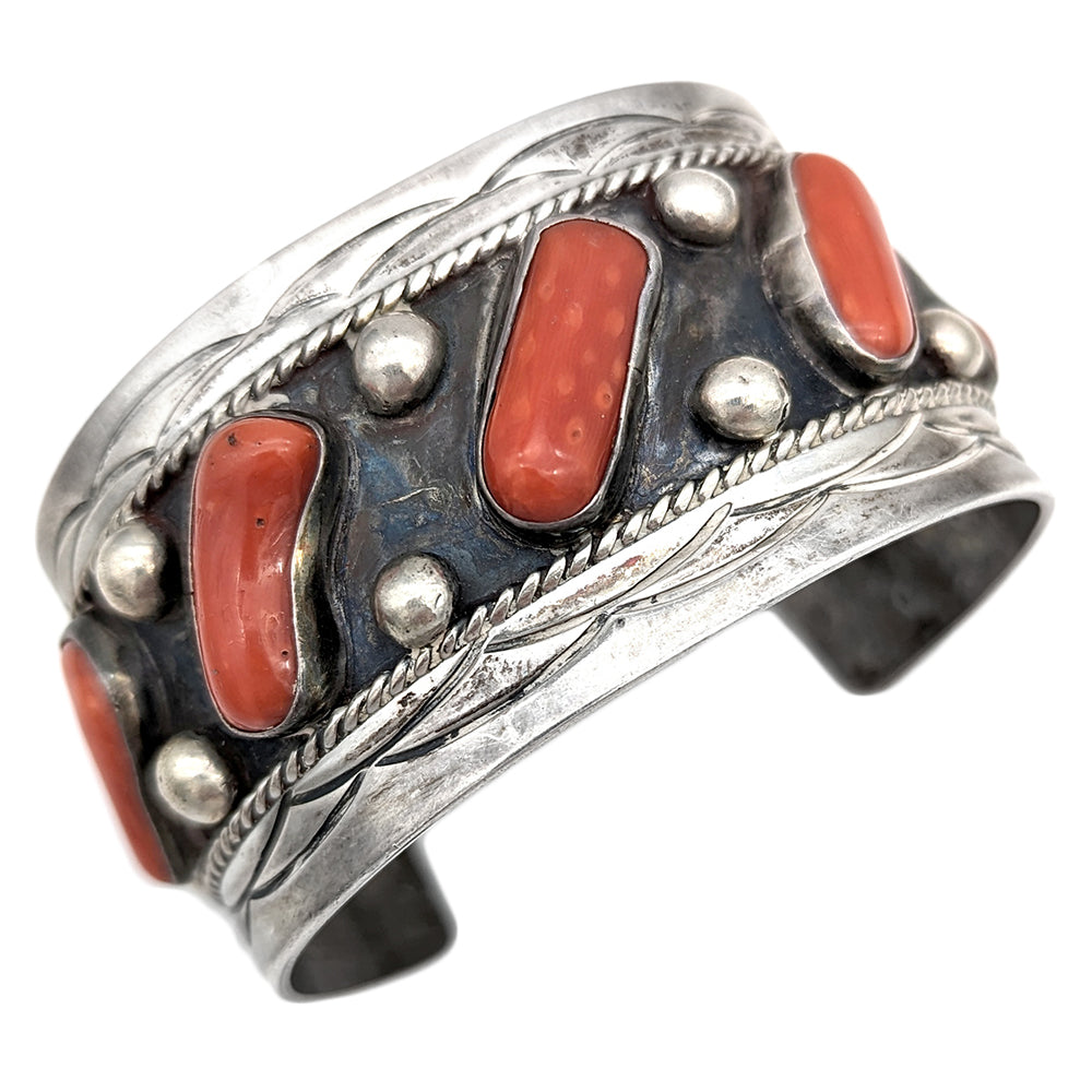 Navajo Signed VERO Sterling Silver Red Coral Cuff Bracelet
