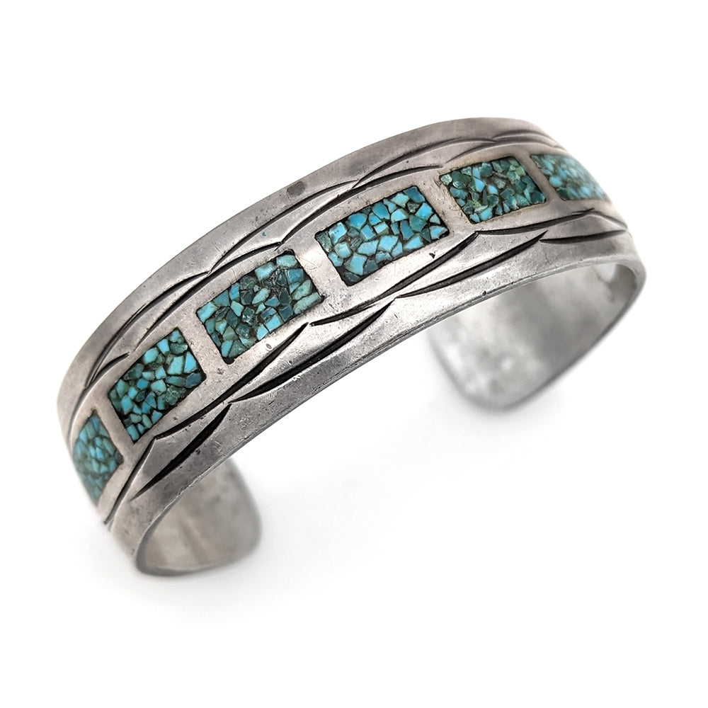 Navajo Corbet Joe Sterling Silver Turquoise Chip Inlay Cuff Bracelet