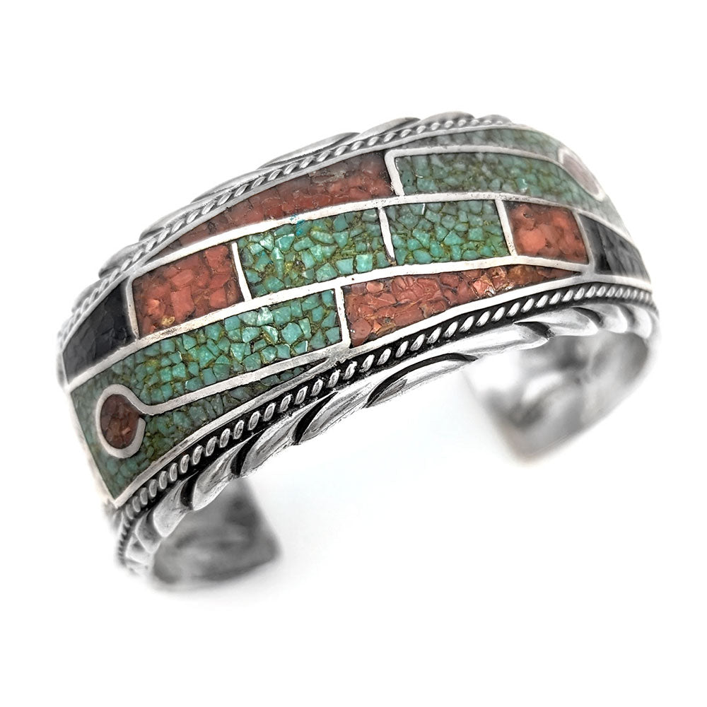 Navajo Delvin Nelson Sterling Silver Turquoise Coral Black Jet Chip Inlay Bracelet