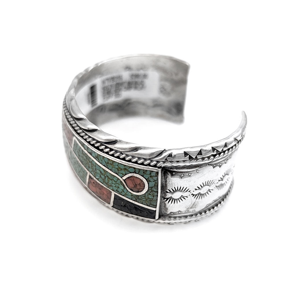 Navajo Delvin Nelson Sterling Silver Turquoise Coral Black Jet Chip Inlay Bracelet