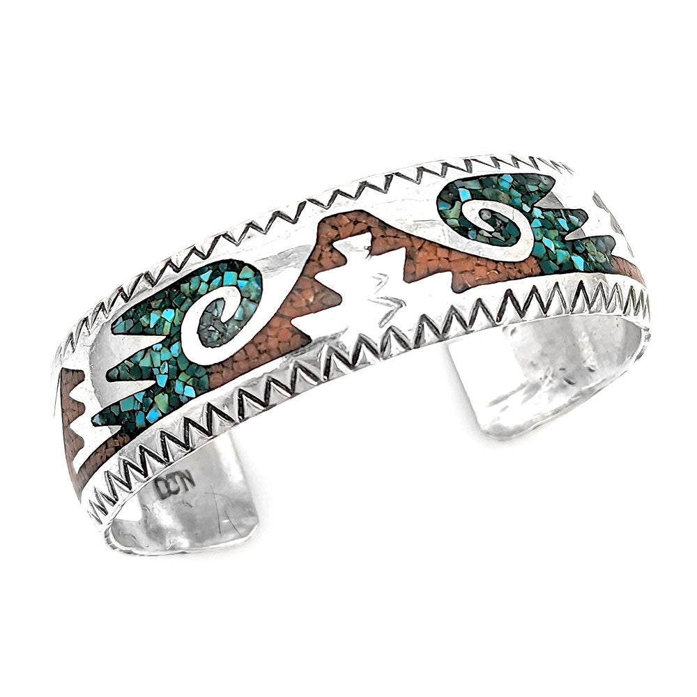 Navajo Delvin Nelson Sterling Silver Turquoise & Coral Chip Inlay Bracelet