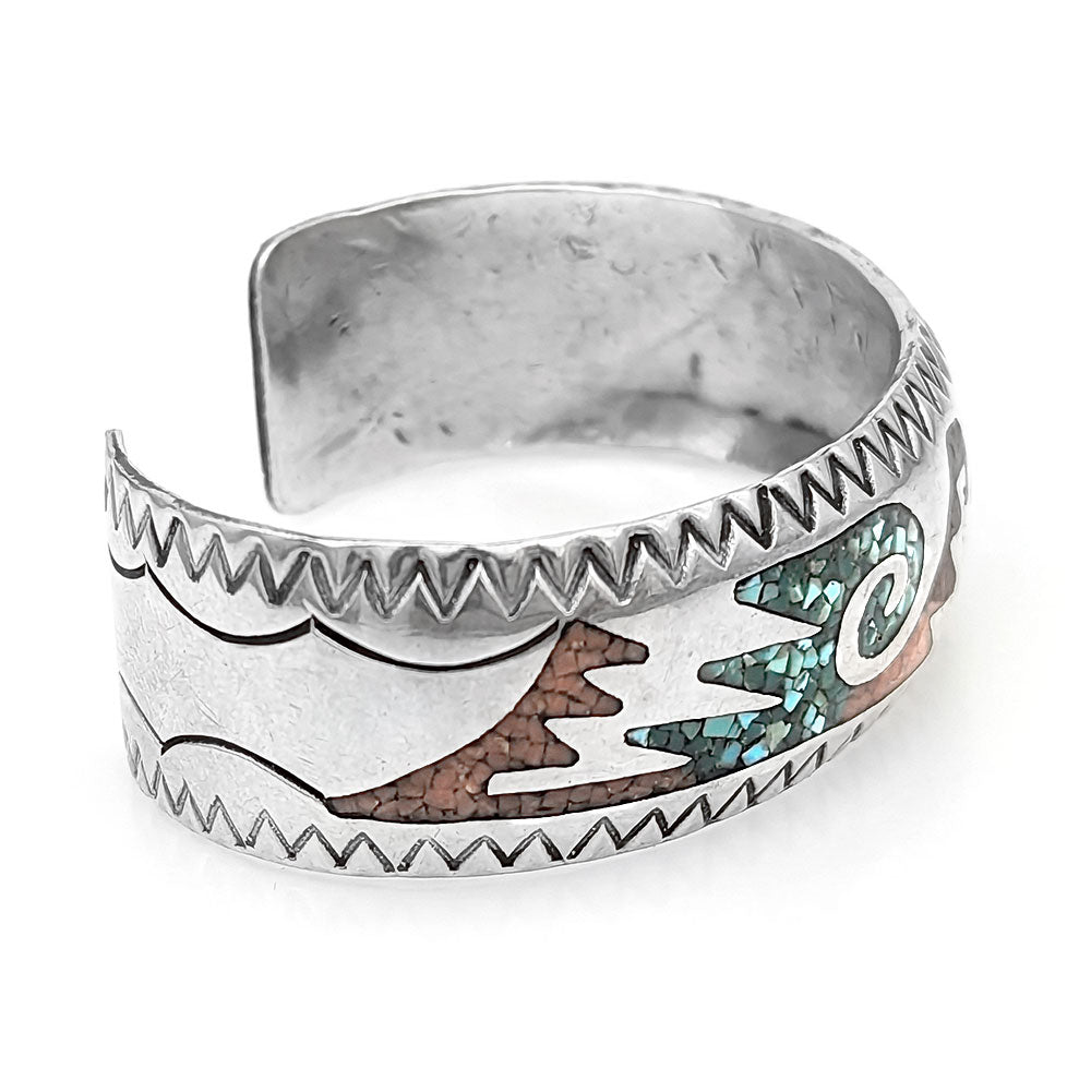 Navajo Delvin Nelson Sterling Silver Turquoise & Coral Chip Inlay Bracelet