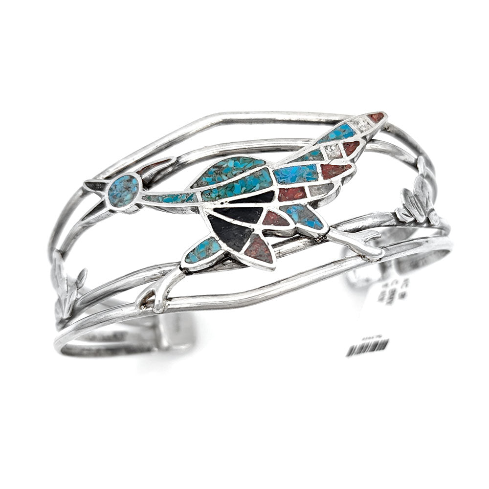 Navajo Sterling Silver Multi-Stone Chip Inlay Roadrunner Bracelet