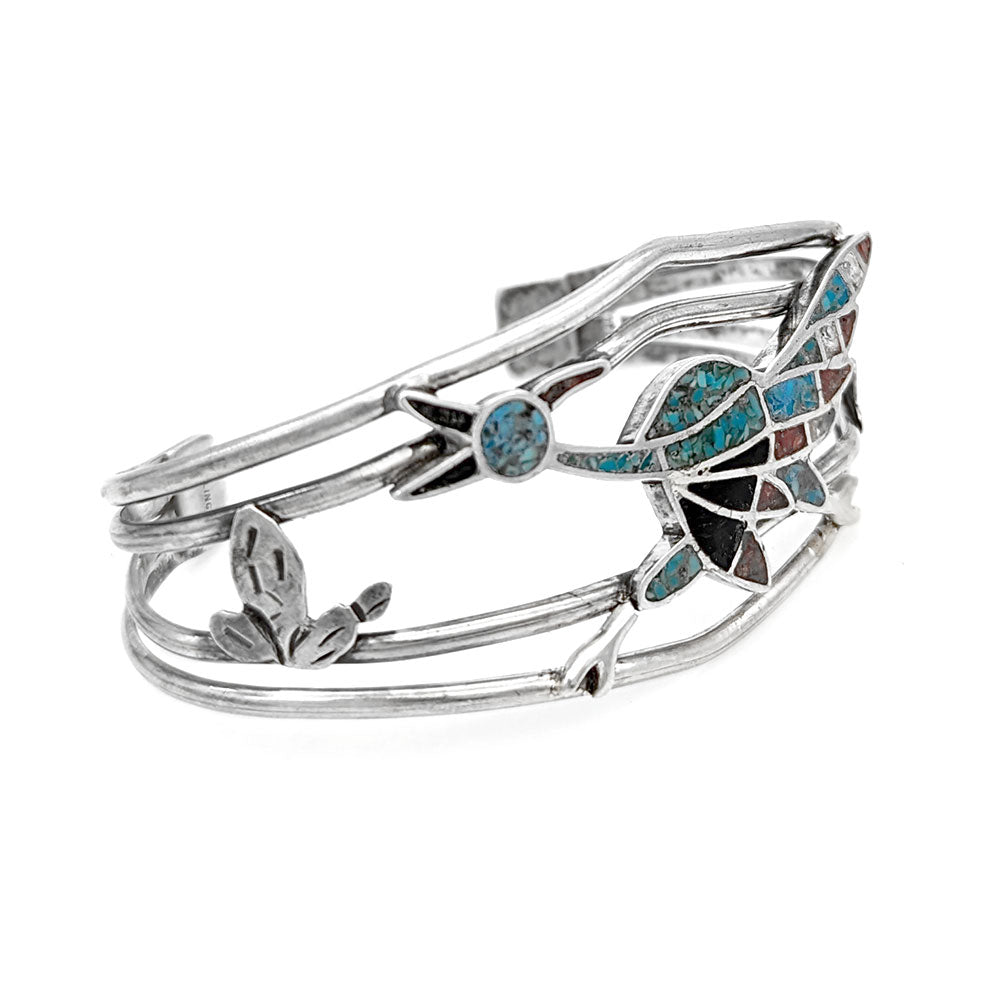 Navajo Sterling Silver Multi-Stone Chip Inlay Roadrunner Bracelet