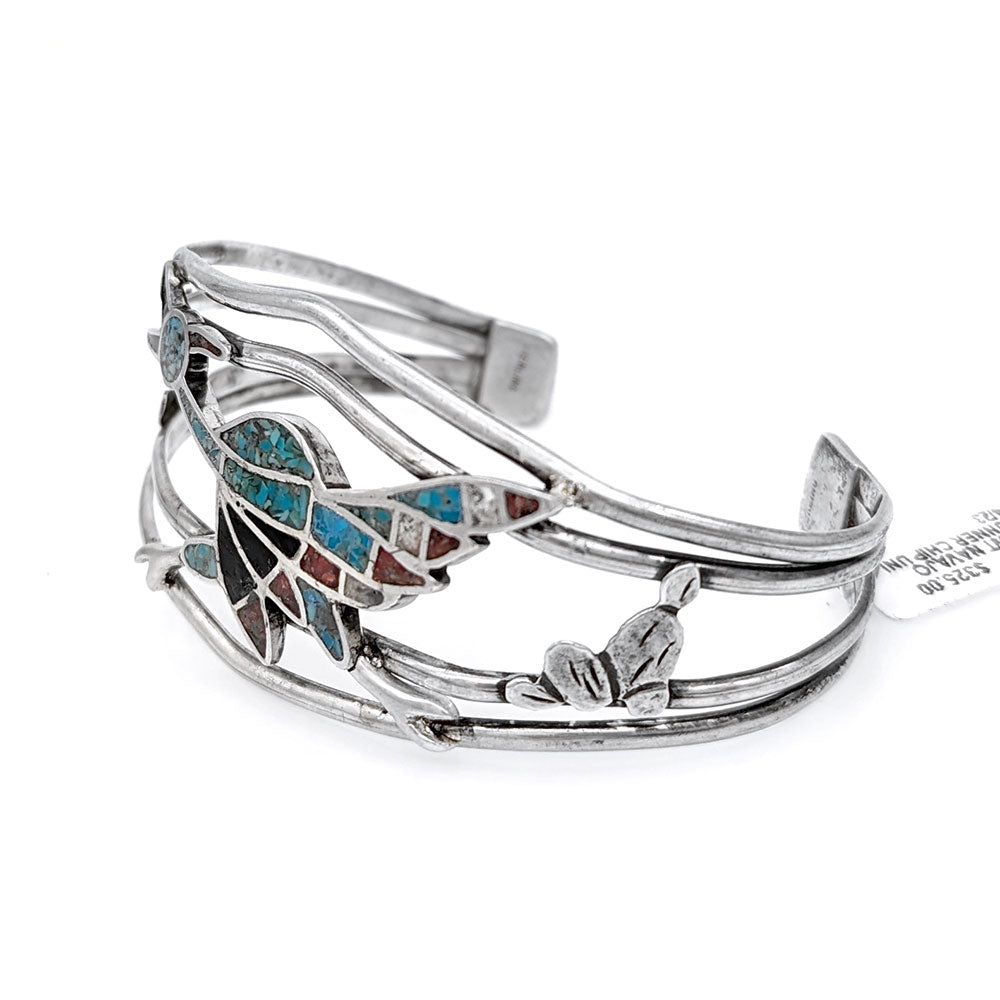 Navajo Sterling Silver Multi-Stone Chip Inlay Roadrunner Bracelet