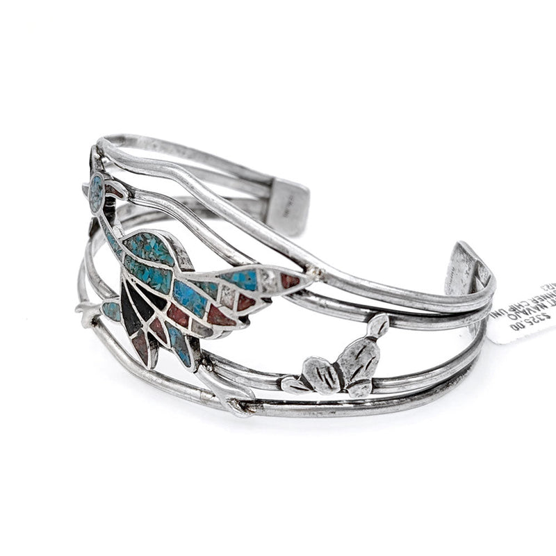 Navajo Sterling Silver Multi-Stone Chip Inlay Roadrunner Bracelet