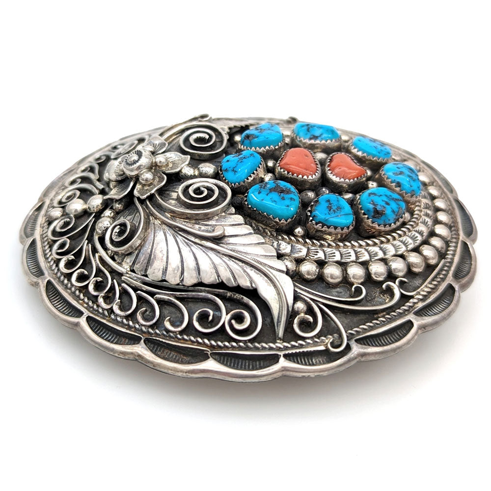 Navajo Apachito Sterling Silver Turquoise & Coral Belt Buckle