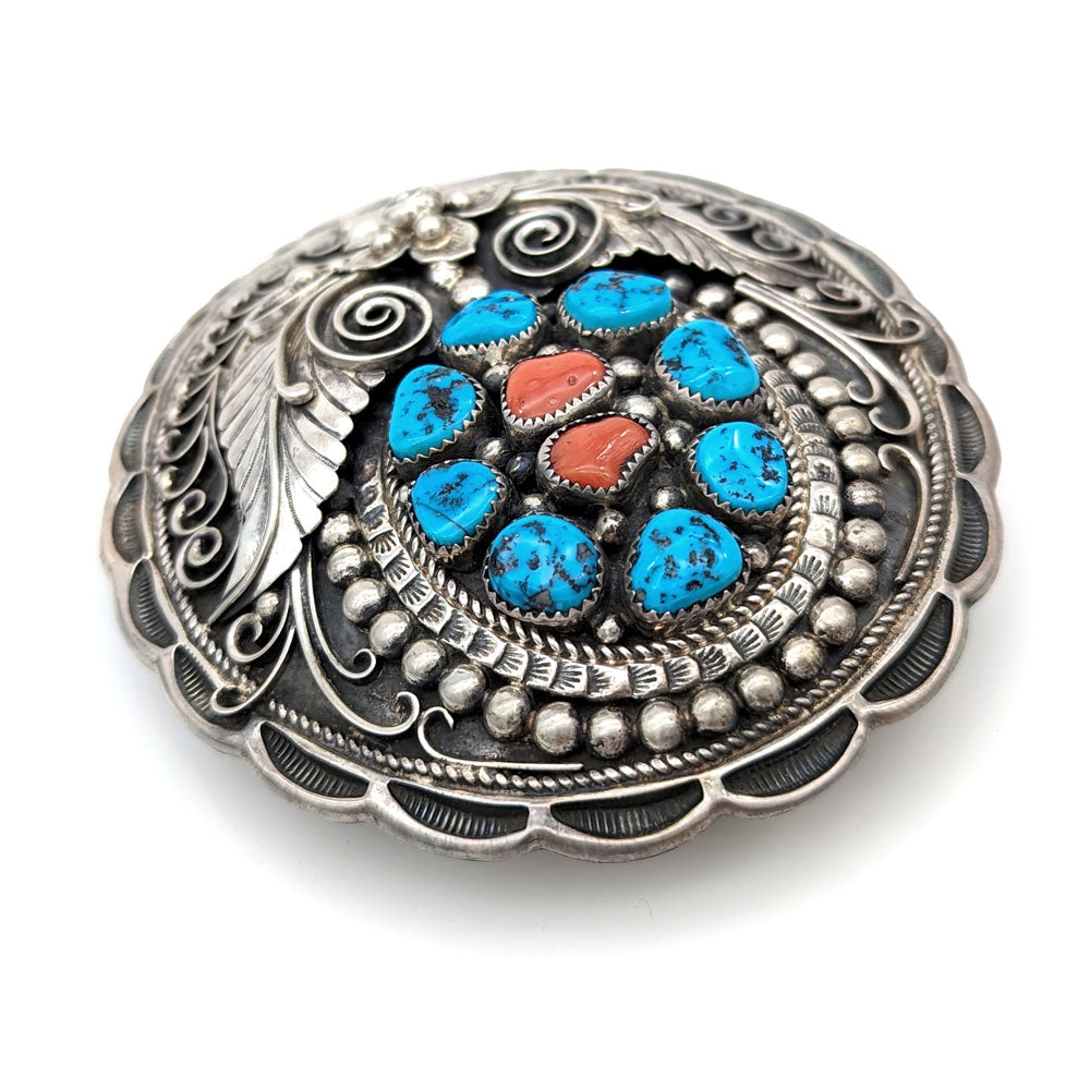 Navajo Apachito Sterling Silver Turquoise & Coral Belt Buckle