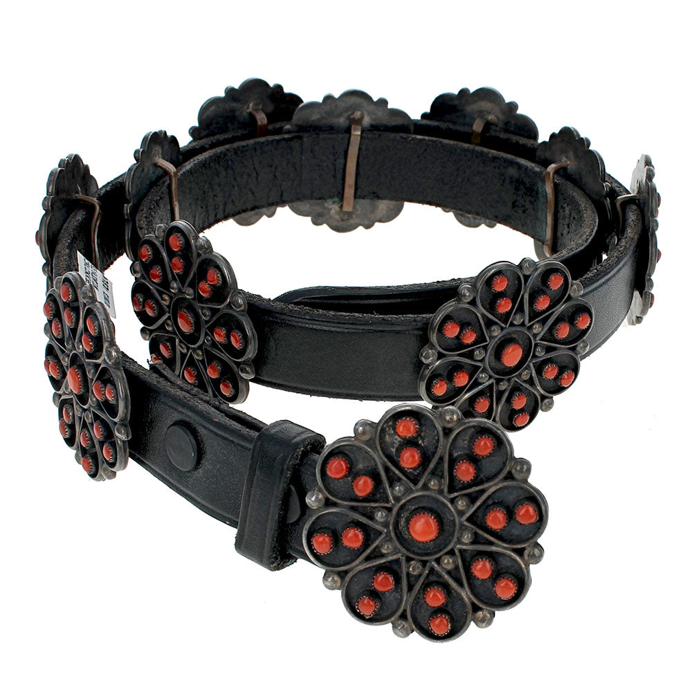 Zuni Sterling Silver & Coral Flower Concho Belt