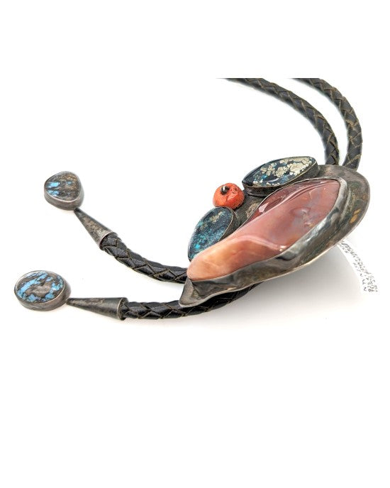 Sterling Silver Bloodstone Variscite Turquoise Coral Western Bolo Tie