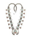 Navajo Sterling Silver Turquoise Coral Chip Inlay Peyote Bird Squash Blossom Necklace