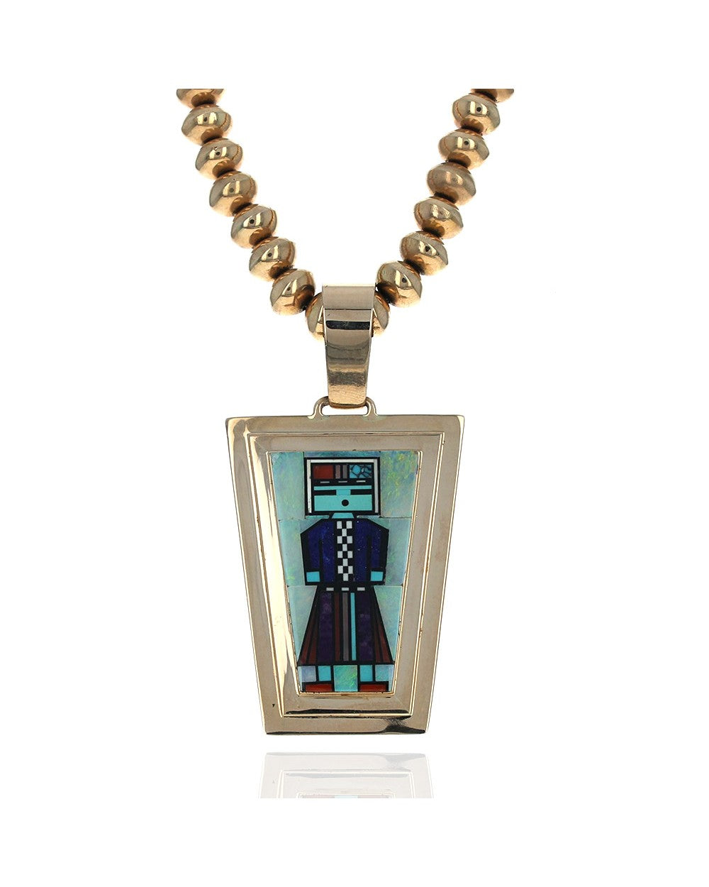 Navajo Jerry Nelson 14K Yellow Gold Bead Necklace & Multi-Stone Inlay Pendant