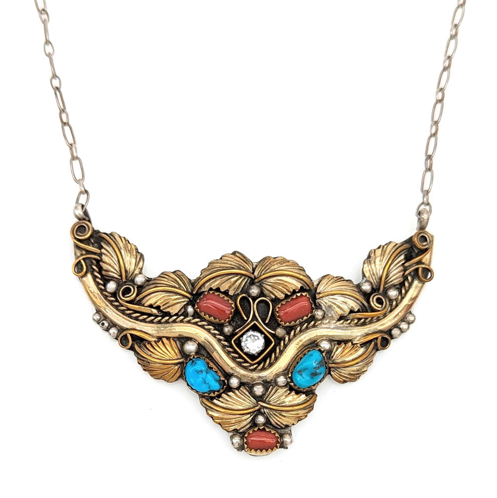 Navajo Harry B Yazzie Gold Filled Sterling Silver Turquoise Coral & CZ Necklace
