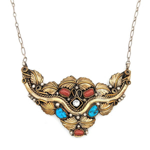 Navajo Harry B Yazzie Gold Filled Sterling Silver Turquoise Coral & CZ Necklace