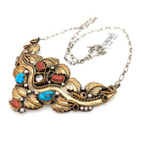 Navajo Harry B Yazzie Gold Filled Sterling Silver Turquoise Coral & CZ Necklace