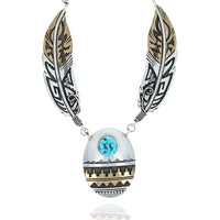 Navajo Tommy Singer Gold Filled Sterling Silver Feathers & Turquoise Necklace