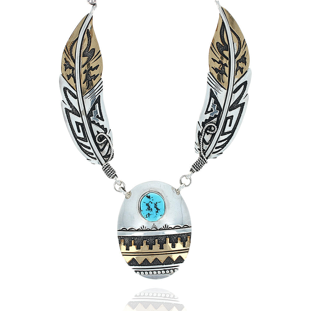 Navajo Tommy Singer Gold Filled Sterling Silver Feathers & Turquoise Necklace