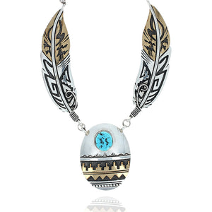 Navajo Tommy Singer Gold Filled Sterling Silver Feathers & Turquoise Necklace