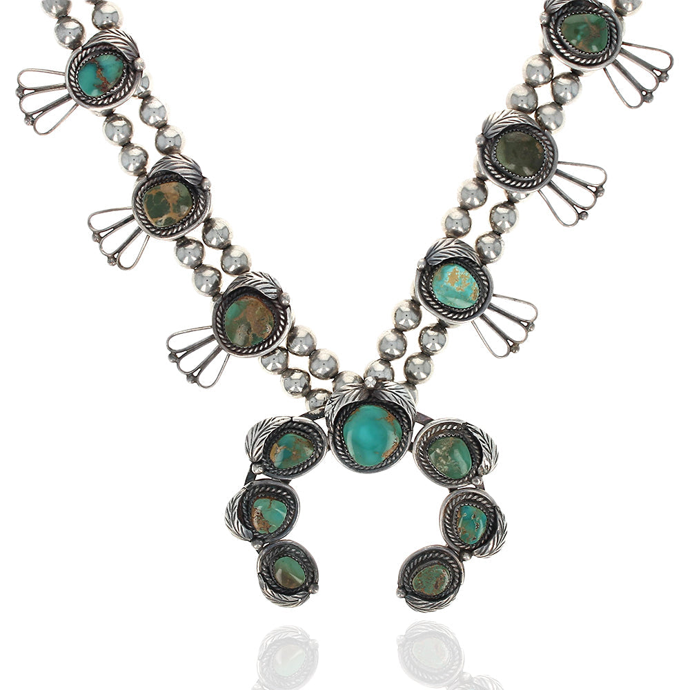 Navajo Johnnie Frank Sterling Silver & Turquoise Squash Blossom Necklace