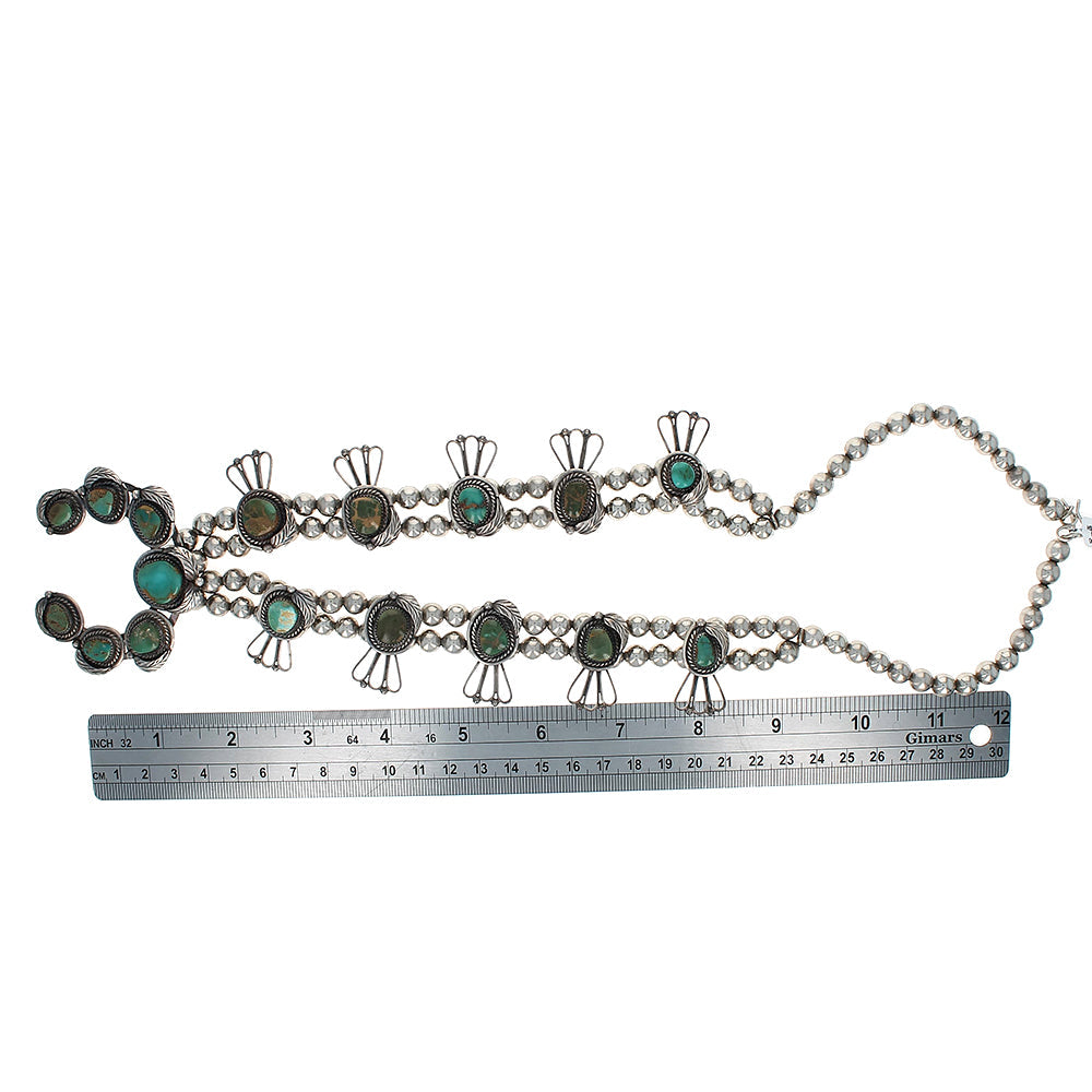 Navajo Johnnie Frank Sterling Silver & Turquoise Squash Blossom Necklace